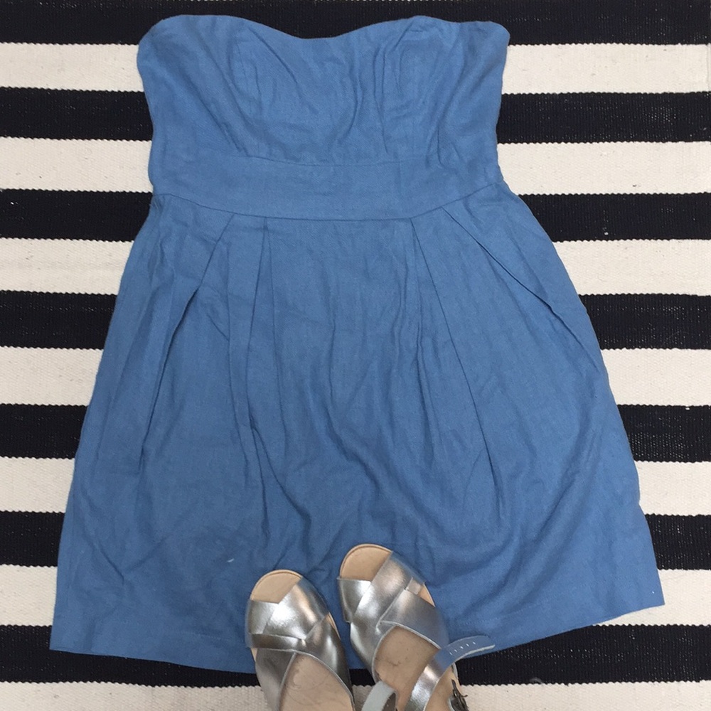 Blue Linen Strapless Mini Sundress 🌞 👗